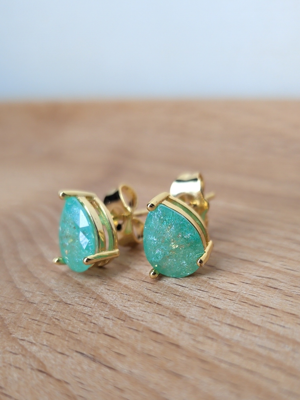 18k Gold Filled Studs With Seafoam Green Pear Cut Cubic Zirconia